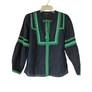NWOT J.Crew Women's Size 00 Navy Blue Green Linen Embroidered Boho Top Shirt
